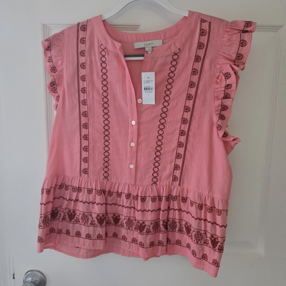 LOFT Pink Ruffled Mandarin Collar Blouse